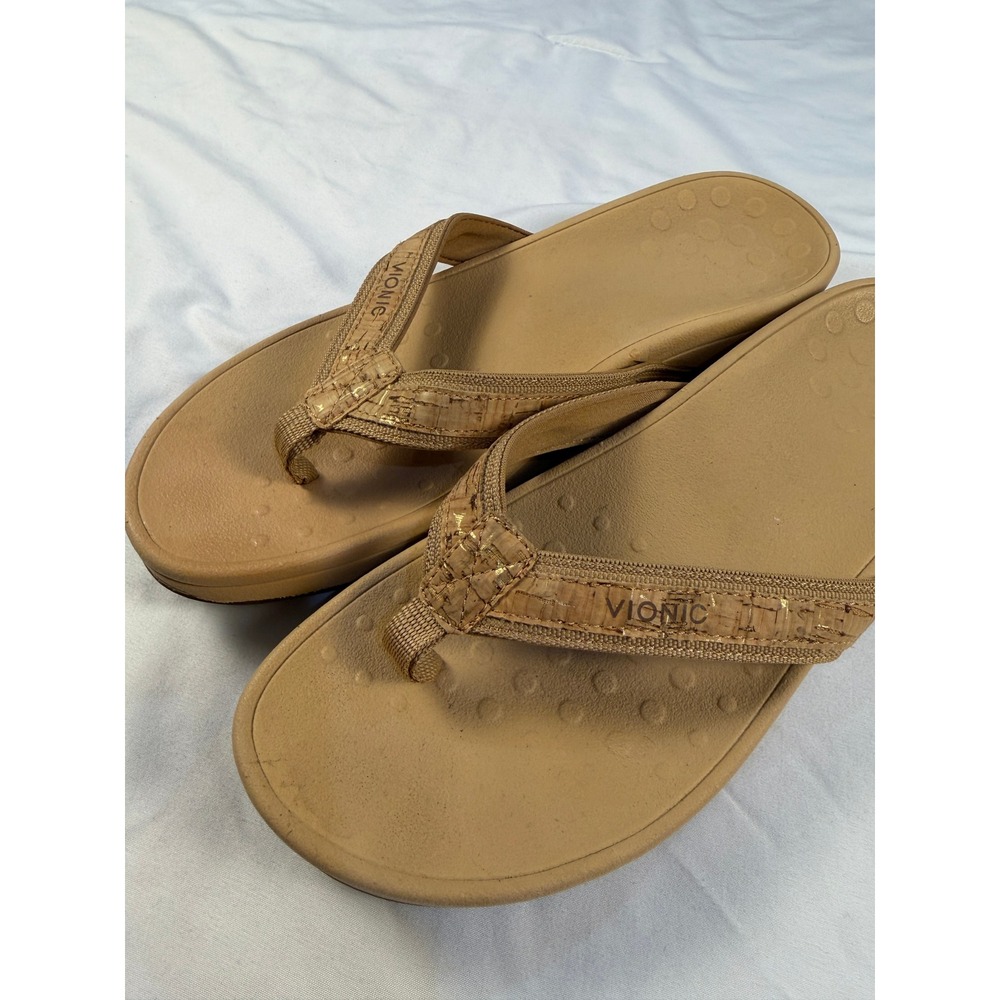 Vionic Tan Cork Strap Flip Flop Sandals Wedge Comfort Orthotic Size 9